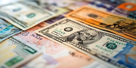 Obraz premium Close-up View of Various International Currencies on a Surface Showcasing Diverse Banknotes From Around the World During Daylight in a Well-Lit Environment