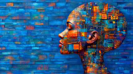 The artwork symbolizes the fusion of humanity and technology in the age of artificial intelligence and innovation.