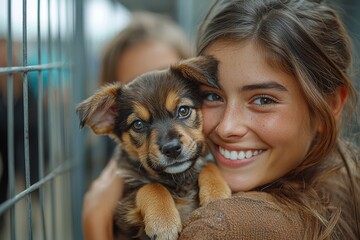 Young girl smiles joyfully while holding an adorable puppy in an animal shelter during a community adoption event