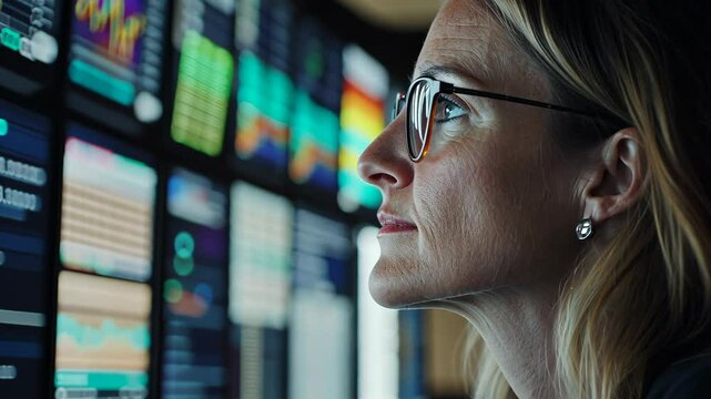 Focused professional monitors financial data on multiple screens in a modern workspace during nighttime hours - Powered by Adobe