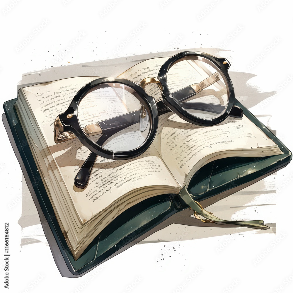 Poster a pair of glasses resting on an open book, symbolizing reading and knowledge.