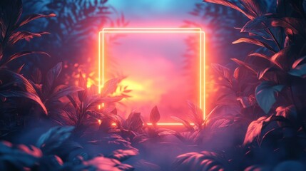 Obraz premium Glowing neon square frame in mystical jungle setting at sunset.