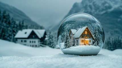 Snow globe with cozy house in snowy mountain village.