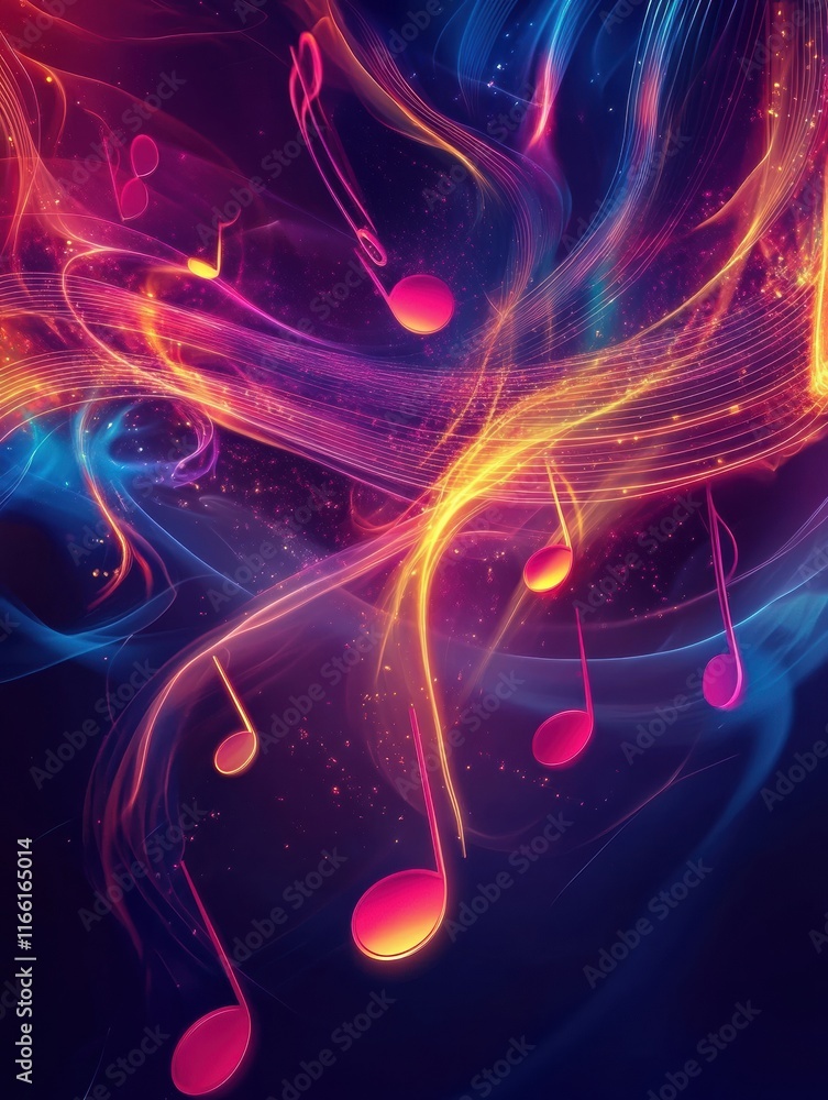 Aufkleber flowing musical staff lines in glowing neon tones create an abstract visual symphony at night. gener