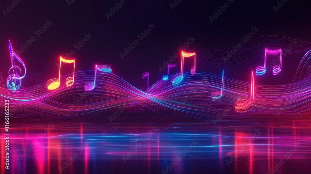 Aufkleber abstract representation of flowing musical staff lines in vibrant neon tones illuminating a dark spa