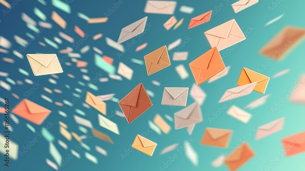 Poster colorful envelopes flying in a vibrant background creating a sense of movement and communication