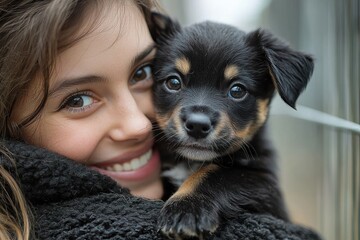 Obraz premium Young girl holds a small puppy close to her face while smiling joyfully in a cozy environment