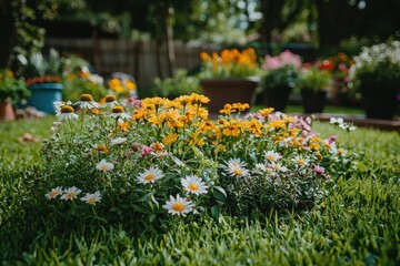 Colorful flower garden displaying a variety of blooms in full sunlight during the spring season, showcasing vibrant colors and lush greenery