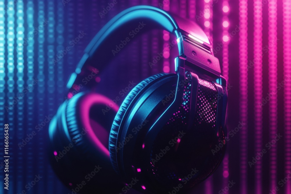 Poster close up view of stylish headphones showcasing vibrant colors and sleek design in a modern atmospher