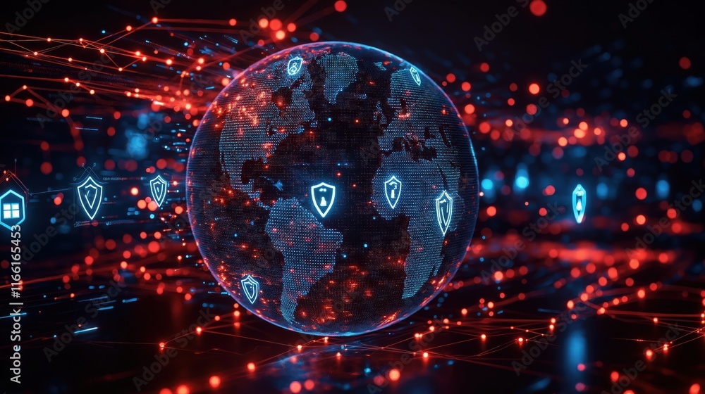 Poster global network connections digital globe visualization cybersecurity icons. secure network tech. glo