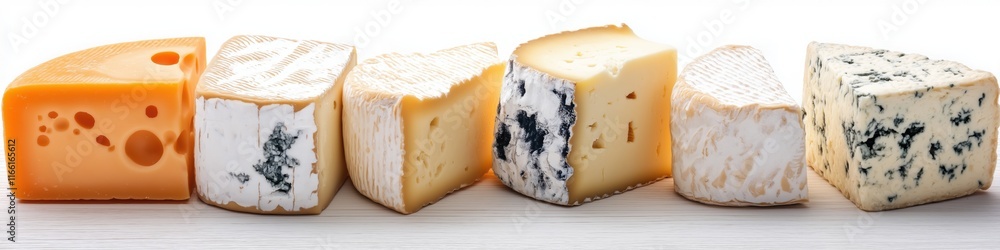 Poster a row of different cheeses, including blue cheese, are displayed on a table. the cheeses are arrange