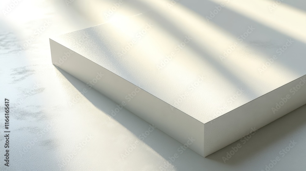 Poster simple white rectangular object casting soft shadows on a textured surface illuminated by natural li