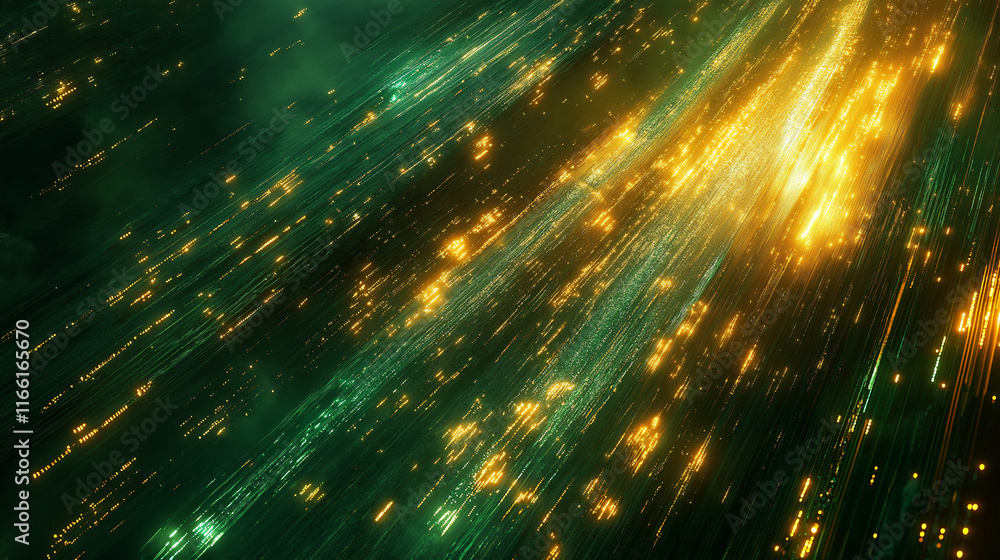 Poster a close-up of a glowing circuit board with pulsing light trails in shades of green and gold. the abs