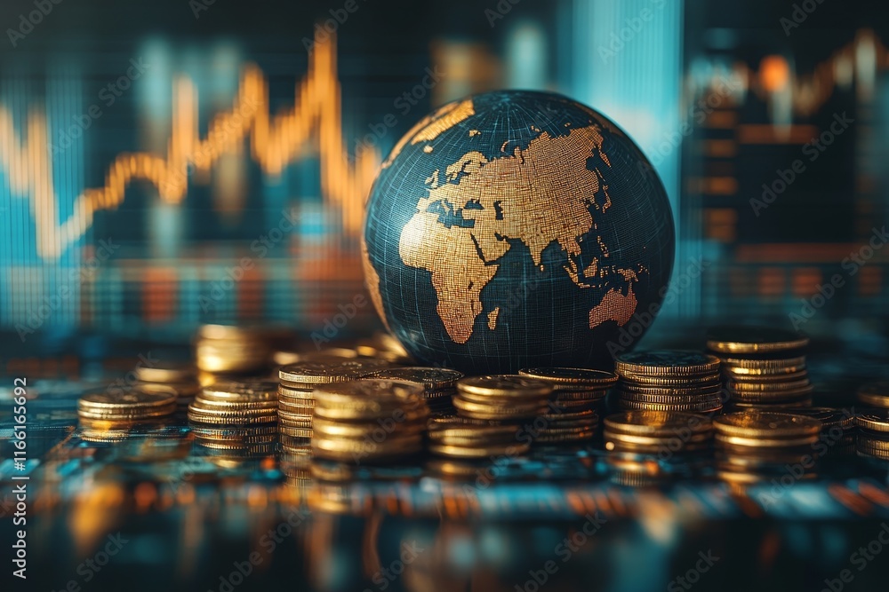 Poster global economy representation with a globe and coins while financial graphs display on a digital scr