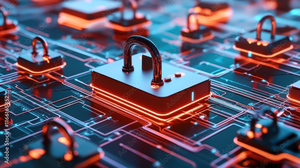 Aufkleber cybersecurity padlock locking circuit, safeguarding digital access and protecting sensitive data