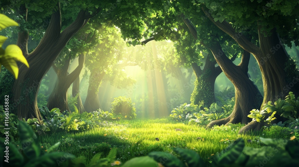 Poster lush green forest with sunlight filtering through the trees creating a serene atmosphere in the morn
