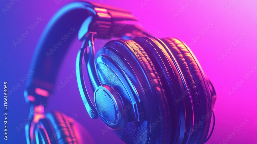 Poster Close up view of vibrant 3D headphones illuminated with colorful lighting effects in a modern setting. Generative AI