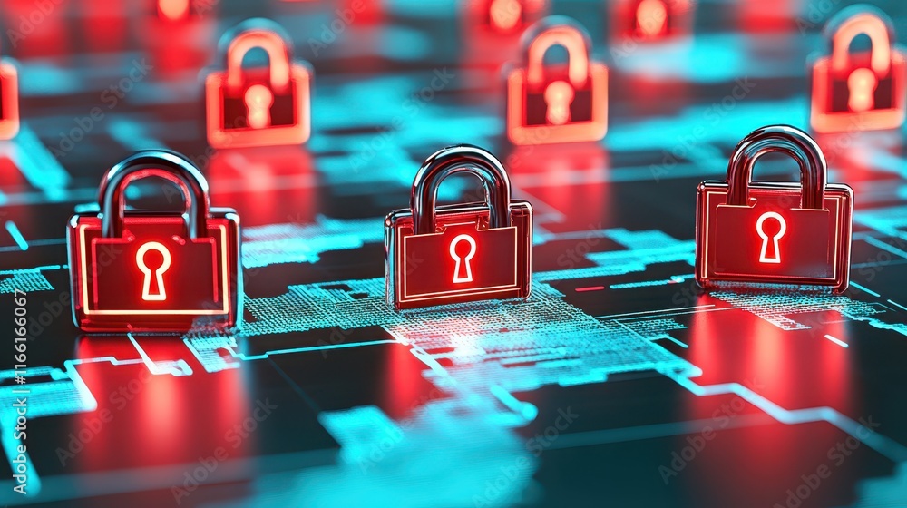 Poster red padlock on computer circuitry, cybersecurity, data protection, and access control