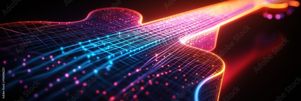 Poster 3d representation of a guitar with glowing lines and vibrant colors in a digital space at night. gen