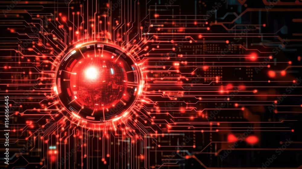 Poster red sphere on intricate circuit board, symbol of technological innovation and connection
