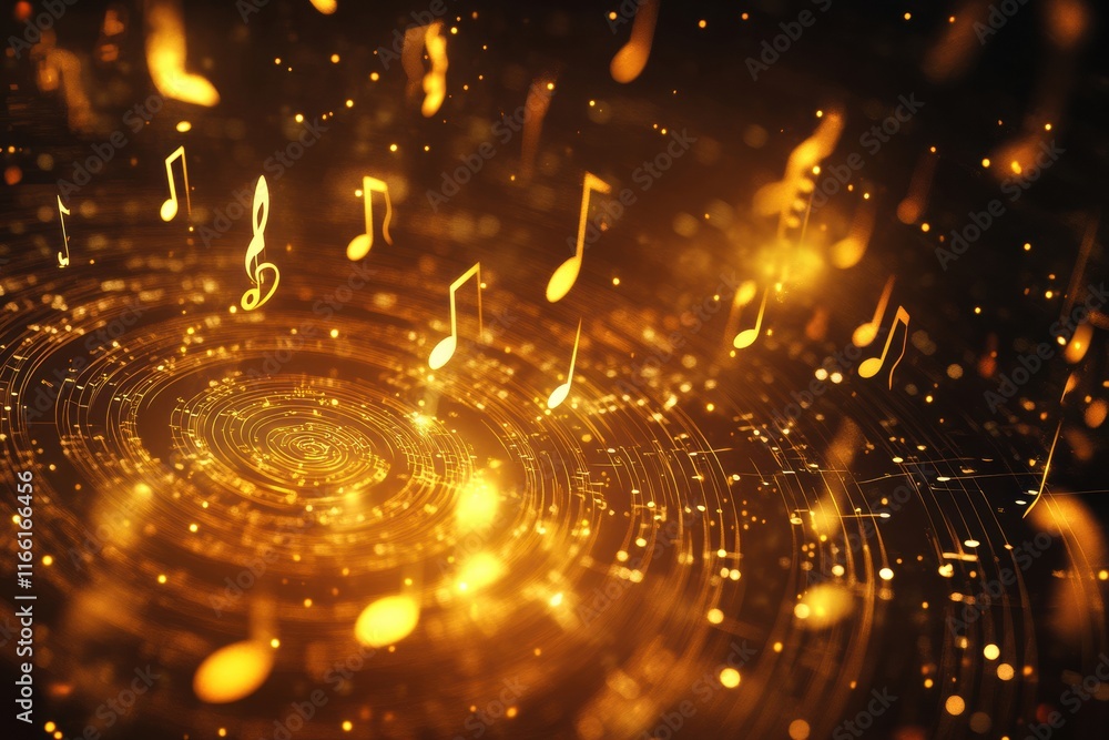 Poster captivating 3d music notes swirling in a golden cosmic background with a mesmerizing light effect. g