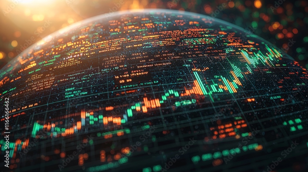 Poster global financial market trends represented through glowing data visualization on a spherical surface