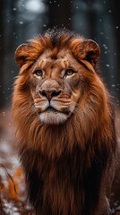 Fototapeta premium Majestic Lion Portrait in the Snow: A Striking Close-Up of the King of the Jungle, Surrounded by Falling Snowflakes in a Serene Winter Woodland Scene