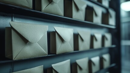 Fototapeta premium Boxes of Letters Stored Neatly on a Shelf in a Dimly Lit Room Showcasing an Organized Mail System and the Essence of Communication