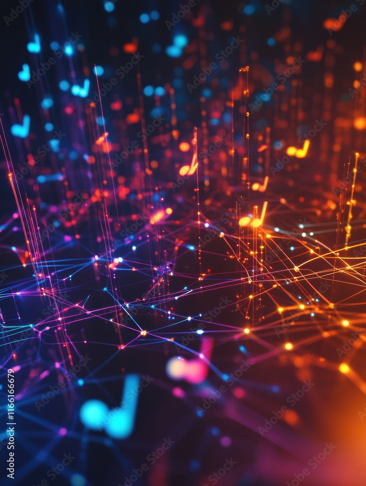 Fototapete Colorful abstract visualization representing sound waves and musical notation in a vibrant 3D design. Generative AI