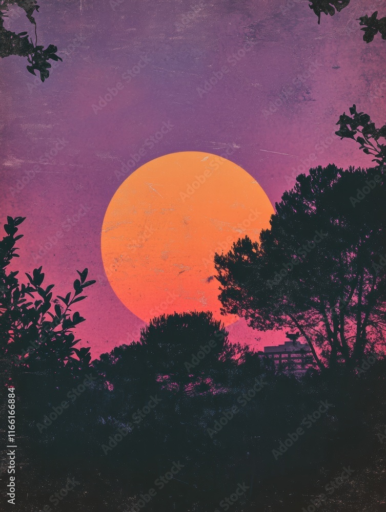Aufkleber retro risograph inspired sunset view over silhouettes of trees and buildings in a serene setting. ge