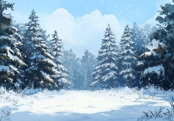 Obraz premium Serene Winter Landscape with Snow-Covered Pines and Gentle Falling Snowflakes in a Calm, Icy Snowfield Under a Bright Blue Sky