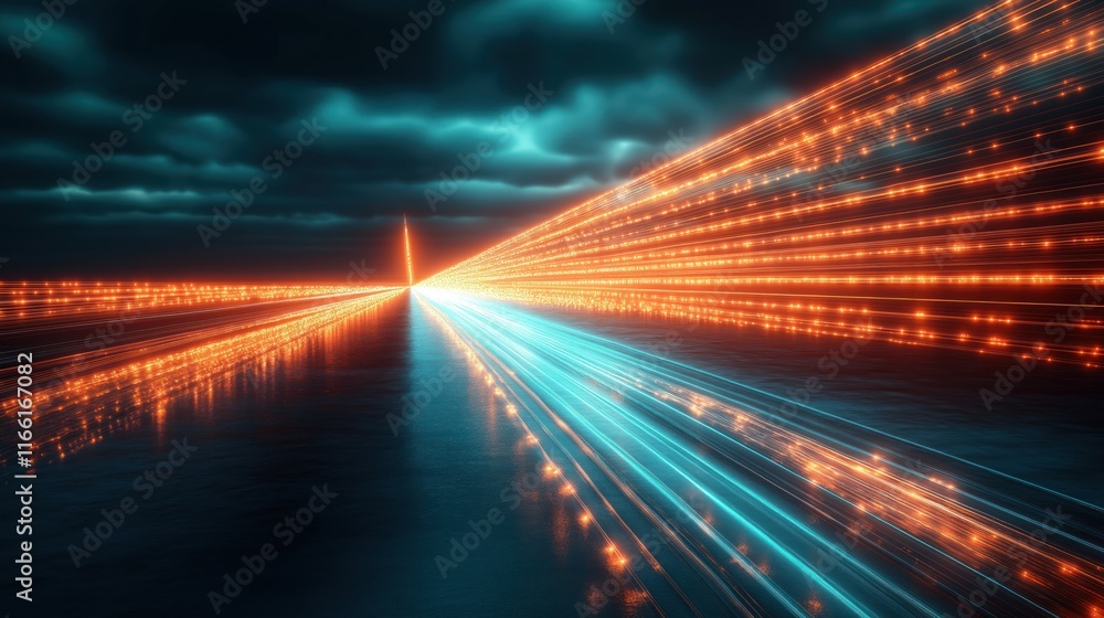 Poster futuristic digital art shows dynamic streams of vibrant light converging into sharp point on dark su