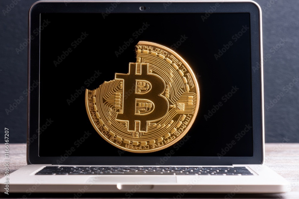 Wall mural Bitcoin coin with a bite mark displayed on laptop screen, symbolizing cryptocurrency volatility and security risks.