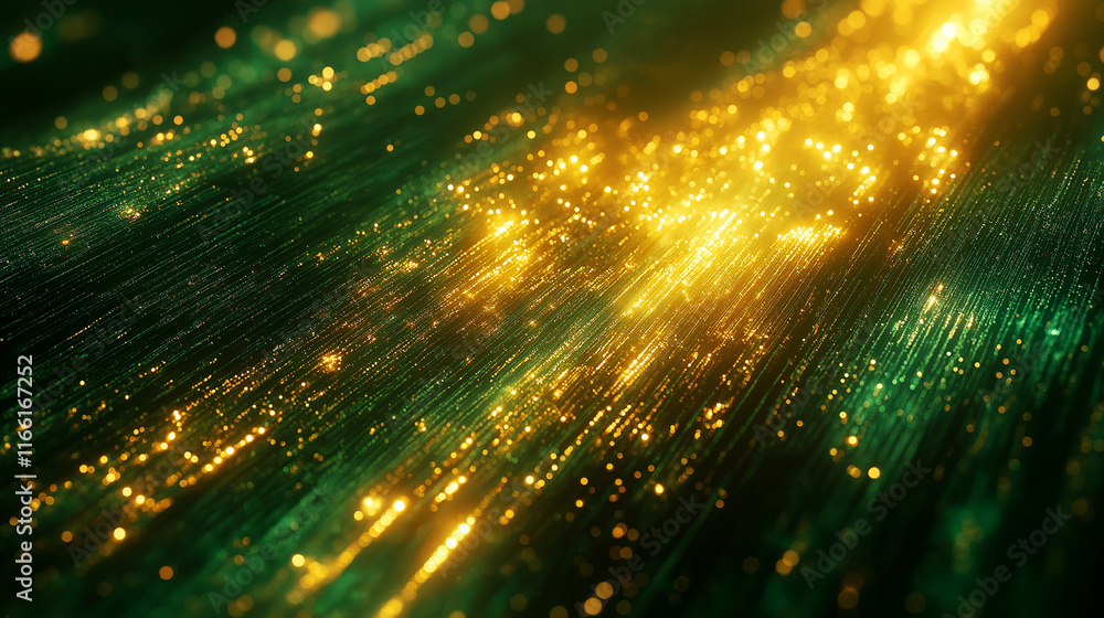 Aufkleber A close-up of a glowing circuit board with pulsing light trails in shades of green and gold. The abstract design emphasizes energy and connectivity