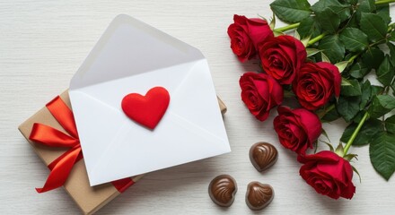 A white Envelope with red heart decoration on a gift box some red roses and chocolates against white wooden background ideal for love letters or romantic gifts romantic holiday theme