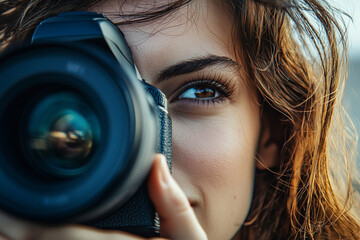 A woman focuses her camera, ready to capture beautiful moments in a charming outdoor setting.