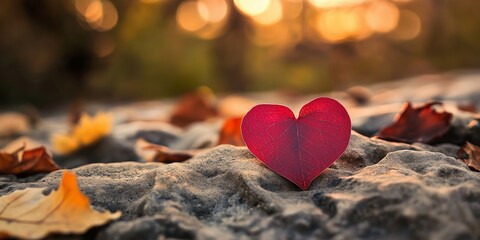 Fototapeta premium A vibrant heart-shaped leaf resting on natural stones.