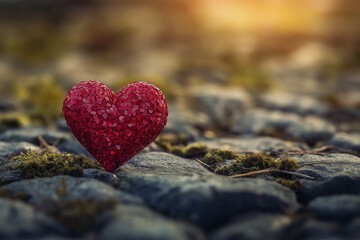 Fototapeta premium A shiny heart decoration placed on textured natural ground.