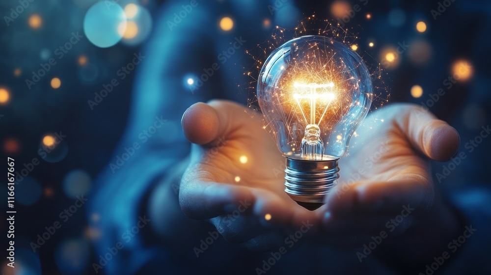 Poster captivating hands presenting a glowing light bulb surrounded by sparkling particles in a dark atmosp