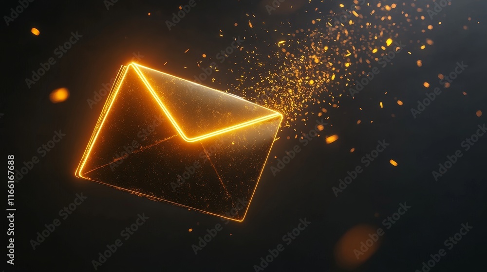 Poster digital envelope glowing with particles, representing communication and messages in a modern virtual