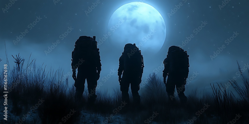 Wall mural three figures in hazmat suits stand in a foggy field under a large moon at night.