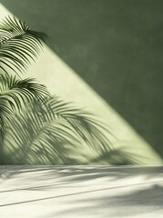 Natural Light Casts Unique Shadows of Palm Leaves on a Pale Green Wall, Highlighting the Beauty of Sunlight and Foliage in a Tranquil Setting