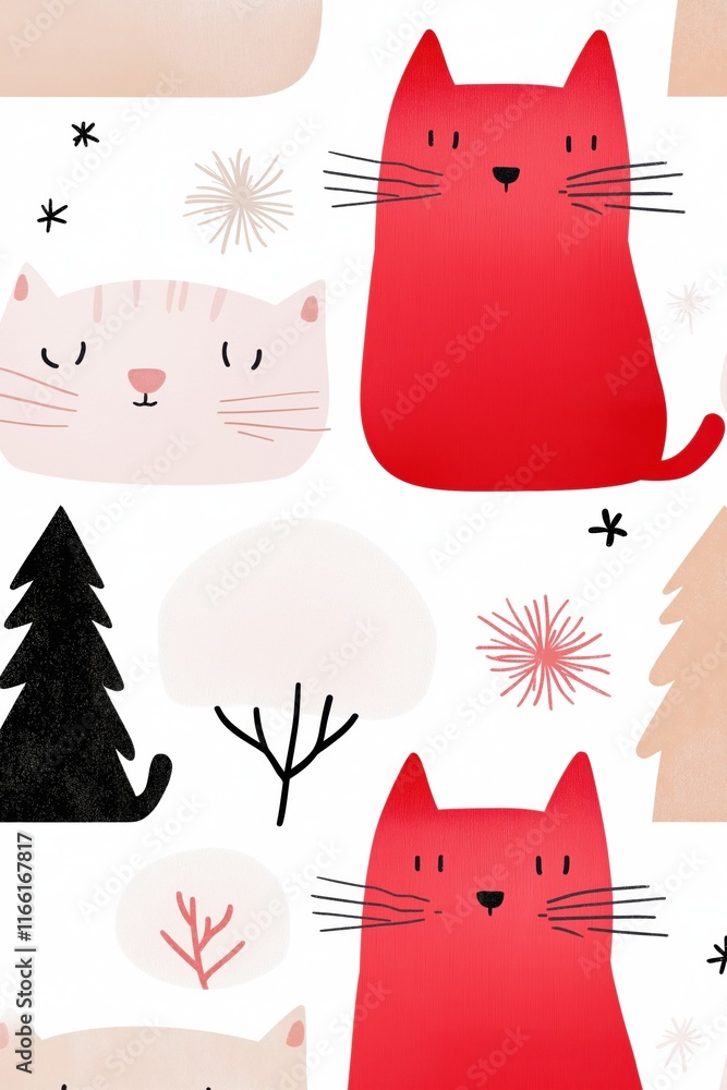 Poster a red and white cat drawing with a tree in the background. the cats are sitting and looking at the c