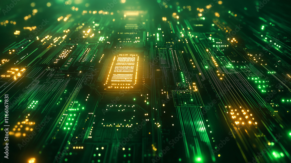 Poster Abstract circuit board background with glowing green and gold energy pulses. Perfect for tech branding, presentations, and modern designs.
