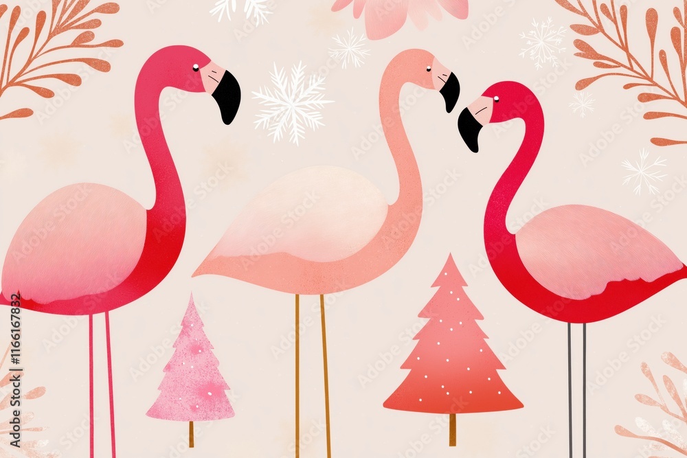 Poster a group of three pink flamingos standing in front of a christmas tree. the flamingos are in various 
