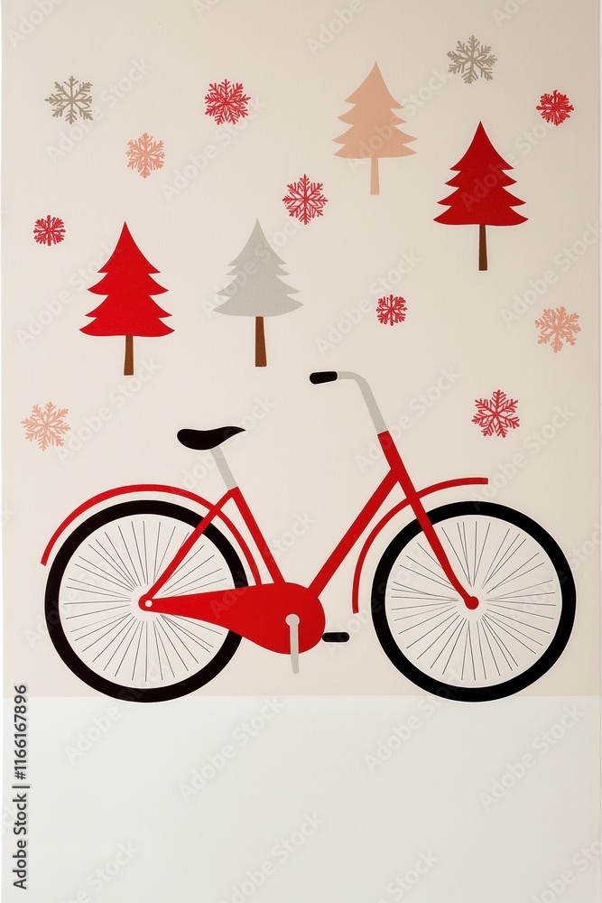 Poster a red bicycle with a white background and trees in the background. the bicycle is the main focus of 