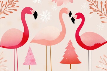 Fototapeta premium A group of three pink flamingos standing in front of a Christmas tree. The flamingos are in various positions, with one standing in the foreground and the other two in the background