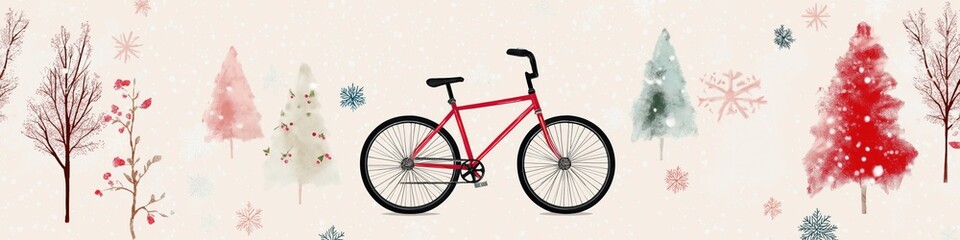 Obraz premium A red bicycle is the main focus of this image, which features a snowy forest background. The bike is surrounded by trees, and the snow adds a sense of winter wonderland to the scene