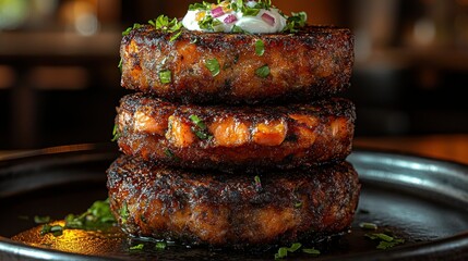 Stacked salmon patties with creamy topping.