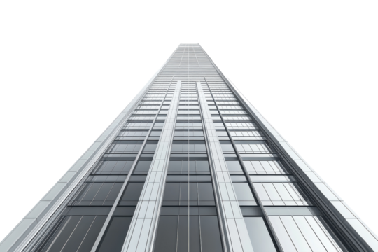 Tall modern skyscraper viewed from below showcasing sleek glass and steel design